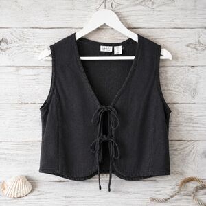 NWT Nicole Miller New York Linen Blend Tie Front Crop Vest Black Small